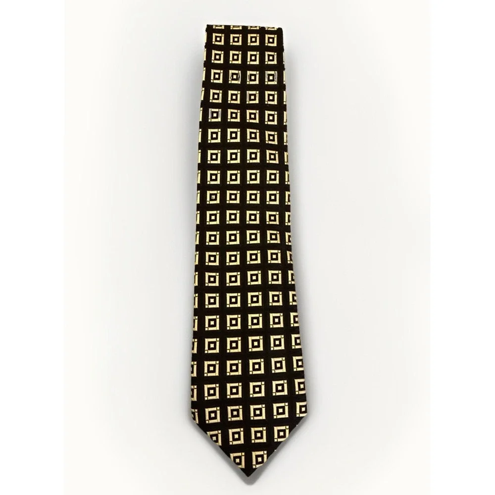 Canali 100% Silk Brown White Black Abstract Sq Men's Dress Tie Made In Italy EUC